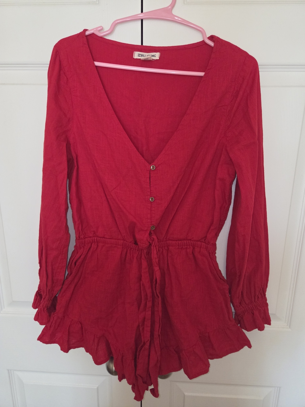 Billabong Women's Red Long-Sleeve V-Neck Romper